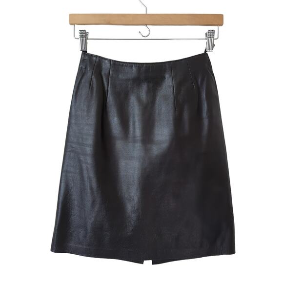 Vintage High Rise Waist Black Leather Mini Skirt Size 4 XS 90s Made in USA - Picture 1 of 4